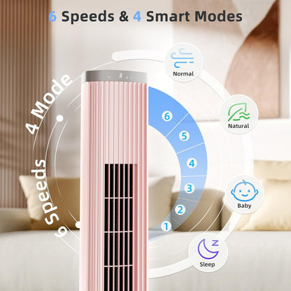 COWSAR Tower Fan for Bedroom – 6 Speeds, 4 Modes, 24H Timer, 60° Oscillating, Bladeless Floor Fan for Indoors, 41-Inch,Pink