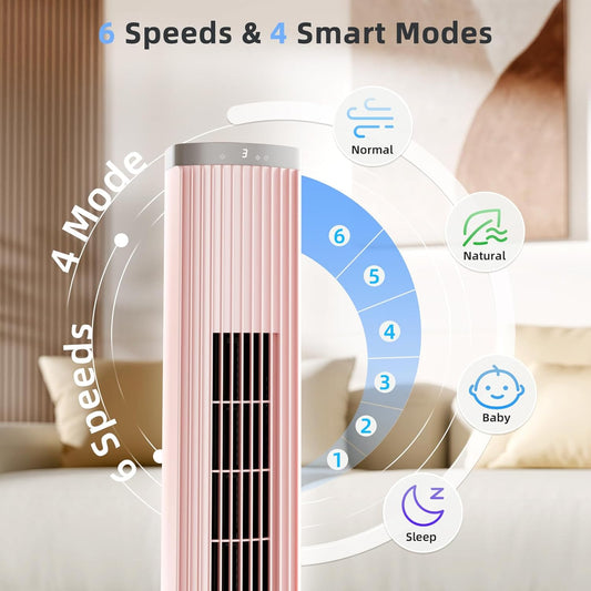 COWSAR Tower Fan for Bedroom – 6 Speeds, 4 Modes, 24H Timer, 60° Oscillating, Bladeless Floor Fan for Indoors, 41-Inch,Pink