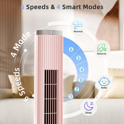 COWSAR Bladeless Tower Fan for Bedroom, Quiet Oscillating Floor Fan with Remote, 6 Speeds 4 Modes 24H Timer, 60° Oscillation Standing Fan for Home Office Indoor, 41-Inch Pink