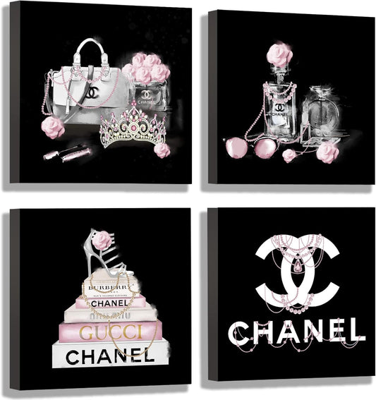 Meetdeceny Black And White Wall Art/Pink Book Pictures Room Decor for Teen Girls/Women Handbag Perfume Wall Decor for Living Room/Fashion Canvas Artwork Size 10"x 10"x 4 Pieces