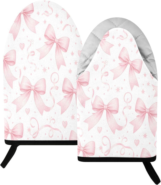 Bows Watercolor Pink Non-Slip Oven Mitts Set Heat Resistant Kitchen Gloves with Quilted Liner Cotton Machine Washable with Hanging Loop for Baking Grilling BBQ