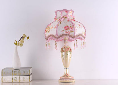 Victorian Style Table Lamp Pink Lace Fabric Lampshade Hand-Made Antique Painted Resin Lamp Body Princess Small Lamp for Living Room Bedroom,13" W, 22" H. (Q7)