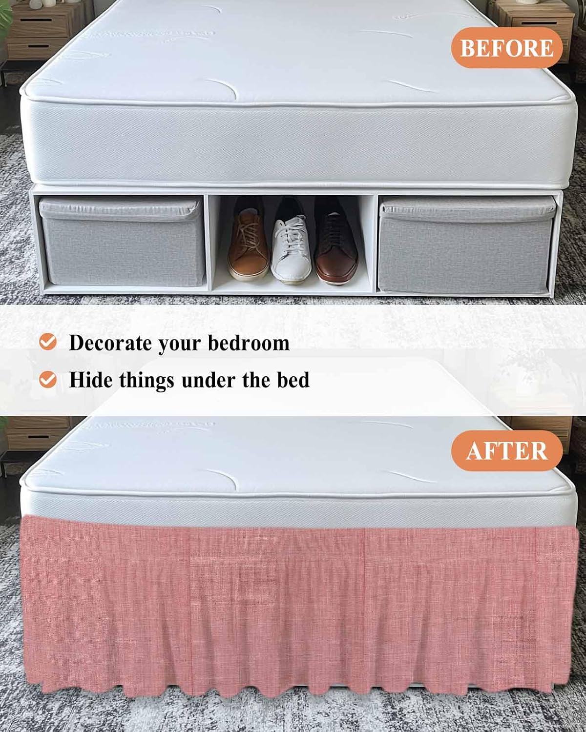 Bed Skirt Peach Pink Linen Bedskirt 16 Inch Drop Farmhouse Pure Color Adjustable Elastic Wrap Around Bed Skirts Dust Ruffle for Queen Size Bed Frame Cover