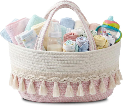 Diaper Caddy Organizer, Stylish Nursery Storage Basket, Baby Shower Basket with Tassel Decorative Appearance, Portable Storage Basket Suitable for Family and Car Travel (pinkish white)