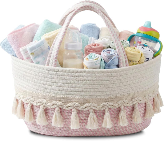 Diaper Caddy Organizer, Stylish Nursery Storage Basket, Baby Shower Basket with Tassel Decorative Appearance, Portable Storage Basket Suitable for Family and Car Travel (pinkish white)