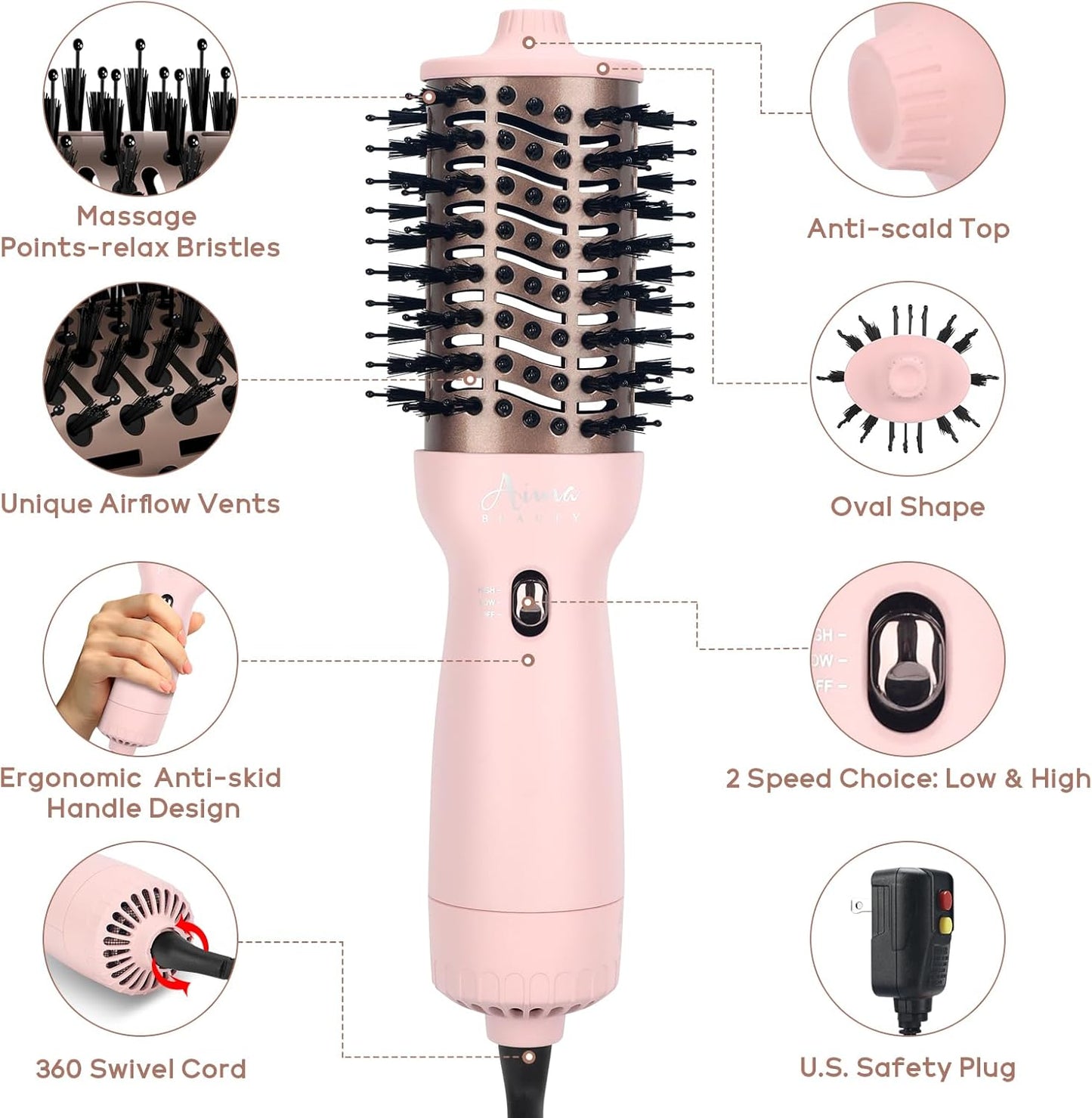 Aima Beauty Travel Hair Dryer Brush Dual Voltage Blow Dryer Brush Hot Air Brush with Oval Barrel 360°Airflow for Smooth, Negative Ionic Frizz-Free Drying/Straightening/Voluming, Pink
