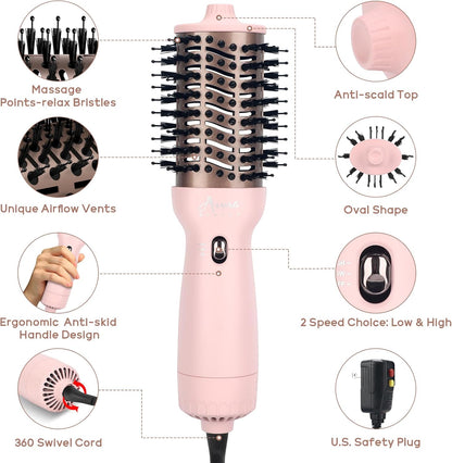 Aima Beauty Travel Hair Dryer Brush Dual Voltage Blow Dryer Brush Hot Air Brush with Oval Barrel 360°Airflow for Smooth, Negative Ionic Frizz-Free Drying/Straightening/Voluming, Pink