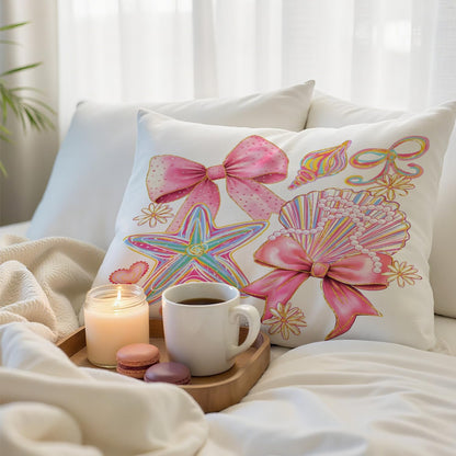 Coquette Beach Pillow Cover 18x18 Inches, Pink Bow Starfish Seashell Pillow Cover,Pink Preppy Room Decor， Coastal Beach Themed Pillows Decor, Girl Nautical Gift for Bedroom.