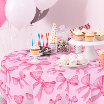 FYSUIMU Pink Bow Round Tablecloth 60 Inch Trendy Ribbon Bowknot Fabric Cloth Washable Table Cover for Picnic Dinner Table Decoration