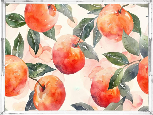 Watercolor Peach Acrylic Serving Tray with Handles, 12x16 Inch Spill Proof Clear Decorative Tray for Ottoman Coffee Table Countertop