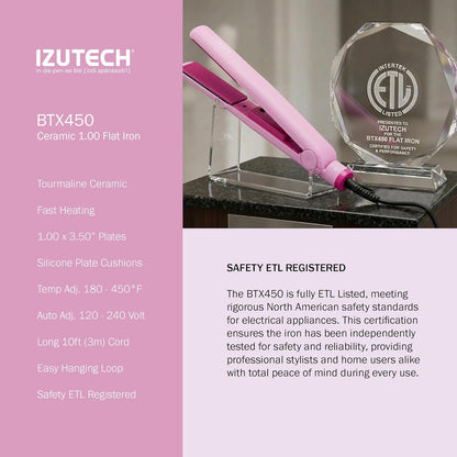 IZUTECH BTX450 1 Inch Tourmaline Ceramic Flat Iron Hair Straightener, Professional Salon Negative Ion Straightener with Adjustable Temperature for All Hair Types, Anti-Frizz High Shine, Pink