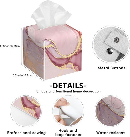 Pink Marble Tissue Box Holder,Cube Tissue Box Cover Holder,Leather Facial Paper Organizer Dispenser Home for Bedroom Night Stands,Kitchen,Office and Car,5.2"×5.2"×5.2"