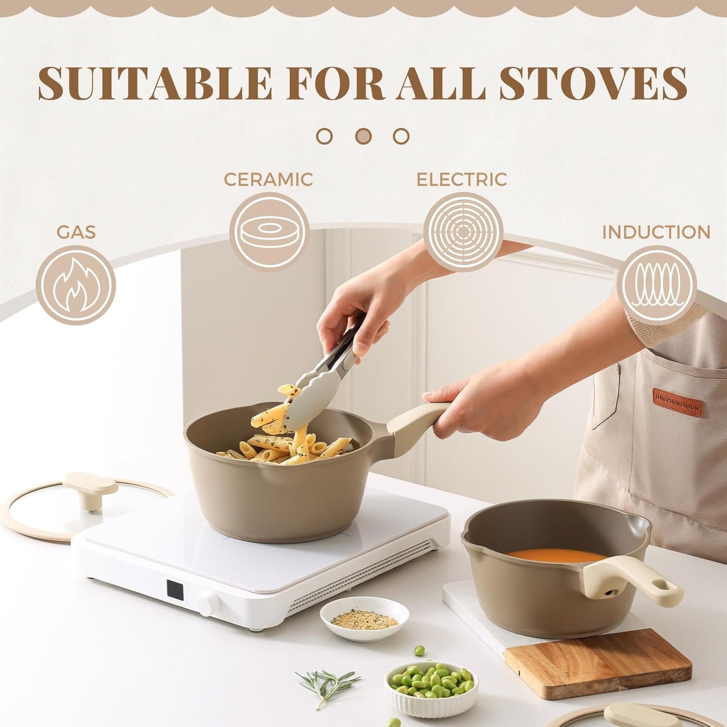 PRICUSIS Nonstick Saucepan Set with Lids, 2QT and 2.7QT Sauce Pan Set, Non Toxic Sauce Pots with Pour Spouts for Multipurpose Use, PFOA Free, Induction Compatible Apricot