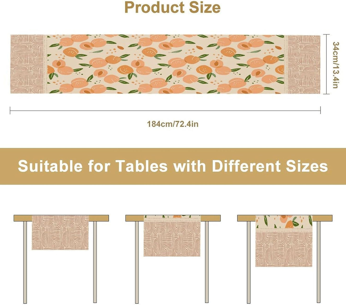 Peach Linen Table Runner, Retro Rustic Bohemian Fresh Pink Orange Food Fruit Leaves Geometric Line Seamless Pattern Home Decoration for Party Living Room Kitchen Dining Coffee Table 13x36in x1 Panel