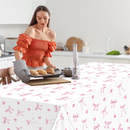 Pink Bow Tablecloth Cute Bow Knot Fabric Table Cloth Girl Coquette Party Decoration Pink Bowknot Washable Rectangle Table Cover for Women Bachelorette Engagement Party Home Kitchen Decor 60 x 104 Inch