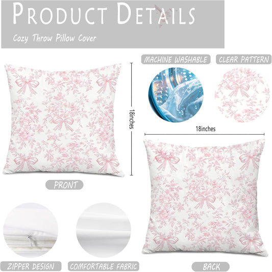 Coquette Pink Bow Chinoiserie Floral Pillow Cover 18x18, Grandmillennial Home Decor, Vintage Pink Toile Flower Grandmillennial Decorative Throw Pillow Cover for Home Bedroom Living Room