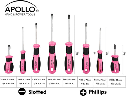 Apollo Tools Pink 8 Piece Essential Screwdriver Set Phillips and Slotted with Magnetic Tips and Non-Slip Comfort Handles. Includes Stubby Screwdrivers for Tight Spaces - Pink Ribbon - Pink - DT5018P