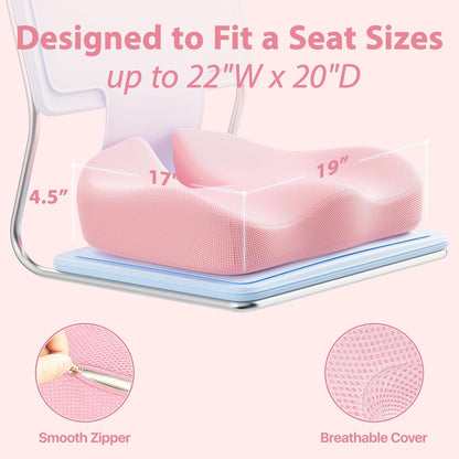 CJACSOC Seat Cushion, Extra Large Memory Foam Cushion for Office Chair Cushions, Ergonomic Cushions Pad Pillow for Pressure Relief Sciatica & Pain Relief for Long Sitting, Pink