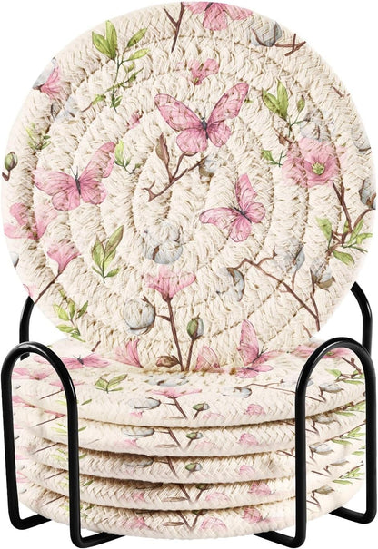 Pink Butterfly Flower Pattern Coasters Set of 6 with Holder Absorbent Round Coasters for Wooden Table Tabletop Protection Party Christmas Decor House Warming