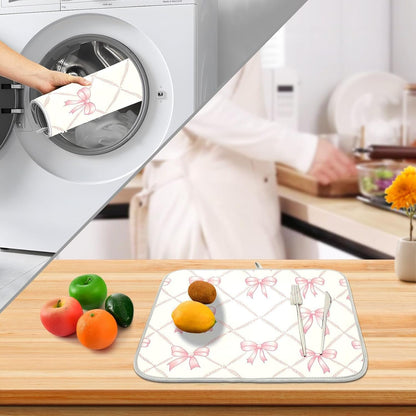 Pink Bow Rhombus Plaid Pattern Dish Drying Mat for Kitchen, Absorbent Microfiber Dishes Drainer Mats, 16x18 Inch