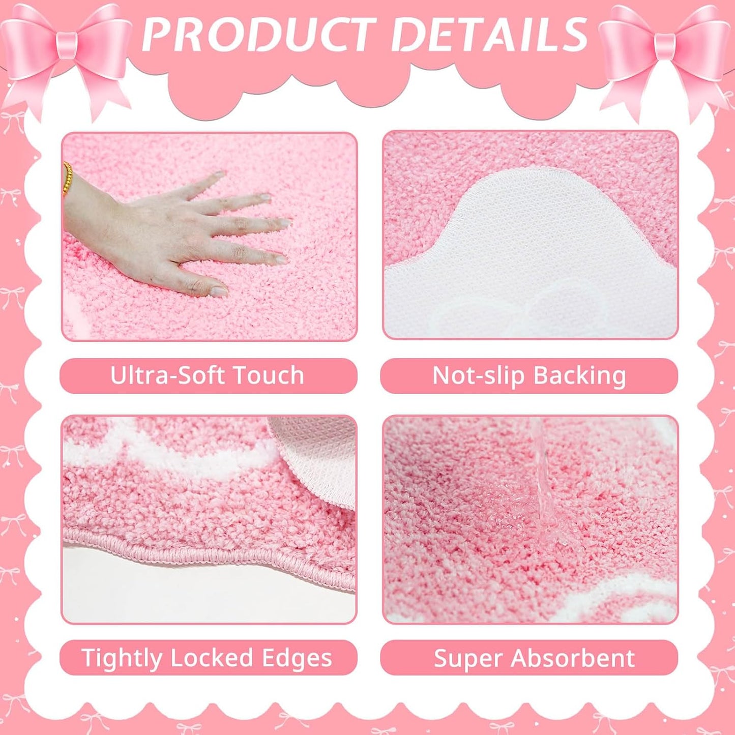 Mocsicka Pink Bow Bath Mat Cute Bow Bathroom Rug Super Soft Absorbent Bathroom Rugs Non Slip Bath Mat Machine Washable Rug for Bathrooms 16x24 inches (Pink, 40x60cm)