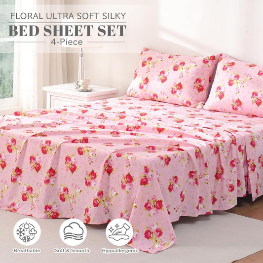 Bedlifes Queen Sheet Set Ultra Soft, Breathable, Silky Flower Deep Pocket 100% Microfiber Bedding, 4 Piece Queen Size Pink Floral(Red Rose)