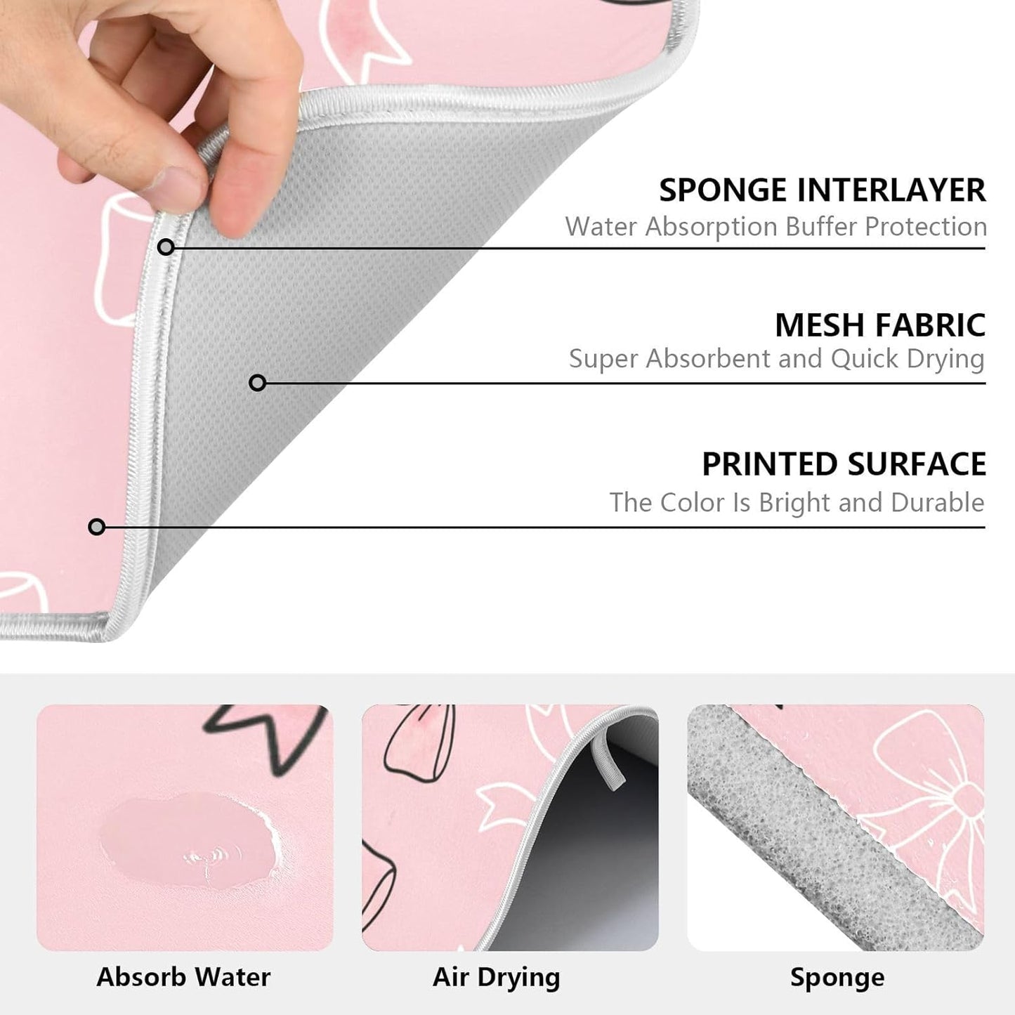 Watercolor Bows Pink Dish Drying Mat for Kitchen Counter Absorbent Microfiber Small Drying Pad Dish mats for Kitchen Countertops 16 x 18 Inch