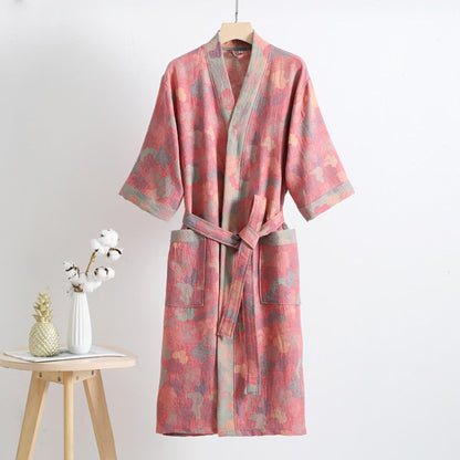 Women's 100% Cotton Printed Bathrobe Soft Double-layer Gauze Lightweight Midi Sleepwear Shower Kimono Robe