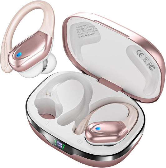 HAOYUYAN Sports Bluetooth Headphones, 80Hrs Playtime Wireless Earbuds with LED Power Display, IPX7 Waterproof Earphones for Workout/Running, Noise Canceling Headset Ear Buds Rose Gold