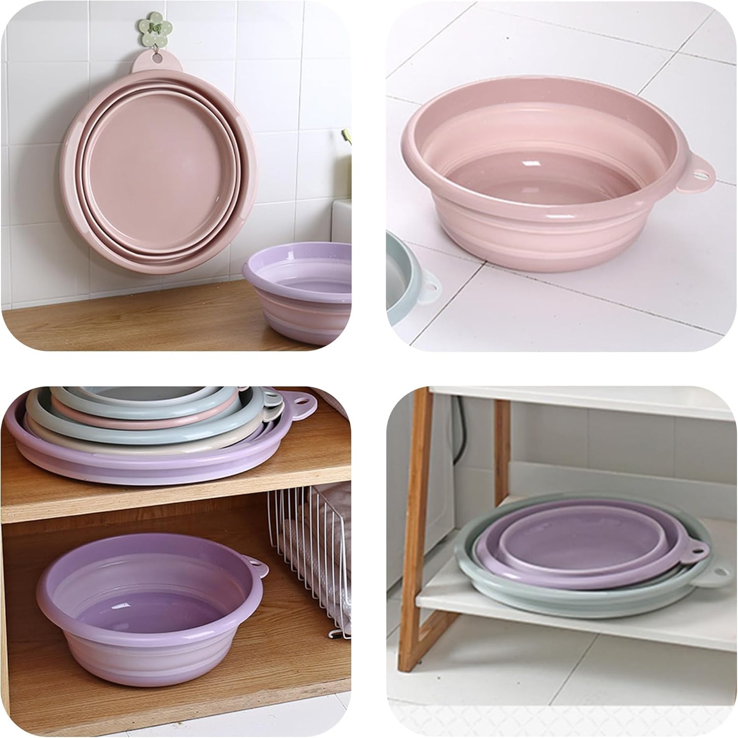 Collapsible Wash Basin Set (2 Pack) - Round Portable Foldable Plastic Basins for Laundry, Travel, Camping - Small & Medium Sizes (Pink)