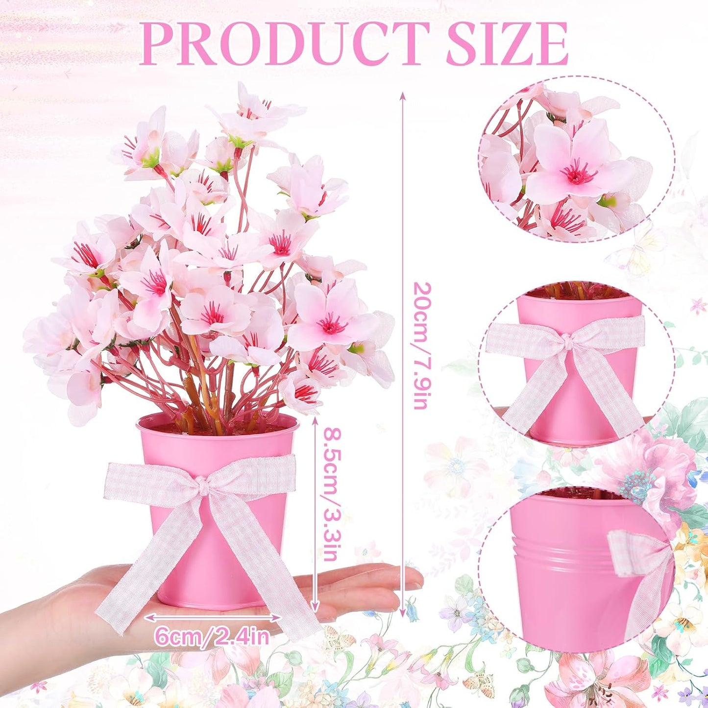 Suncalla 2 Pack Small Artificial Cherry Blossom Plant in Pots Faux Flower Potted Plants Pink Arrangement Rustic Home Decor 7.9" Tall for Sakura Japanese Table Centerpiece Windowsill Indoor Decor
