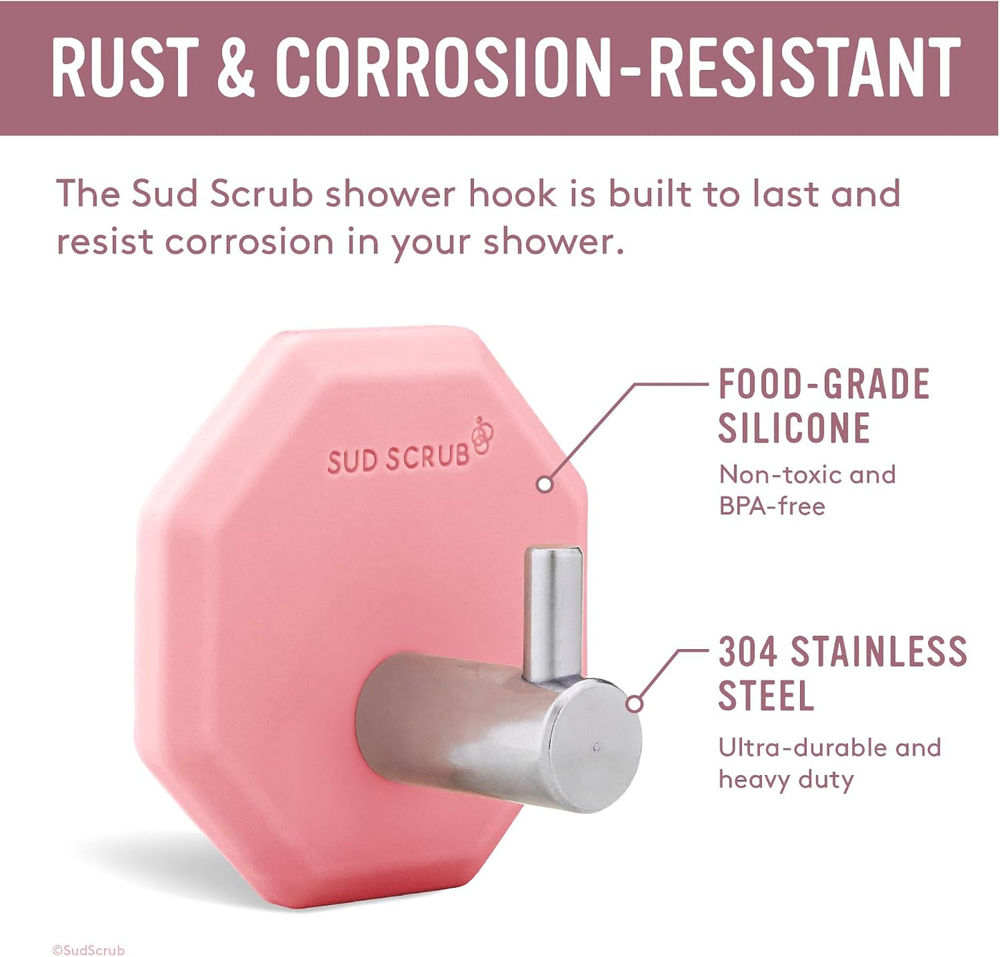 Sud Scrub® Antimicrobial Shower Hook, Self Adhesive Hooks for Shower Wall, Heavy Duty Removable Wall Hooks, Stick On Hooks for Hanging, Bathroom Towel Hook (Pink)