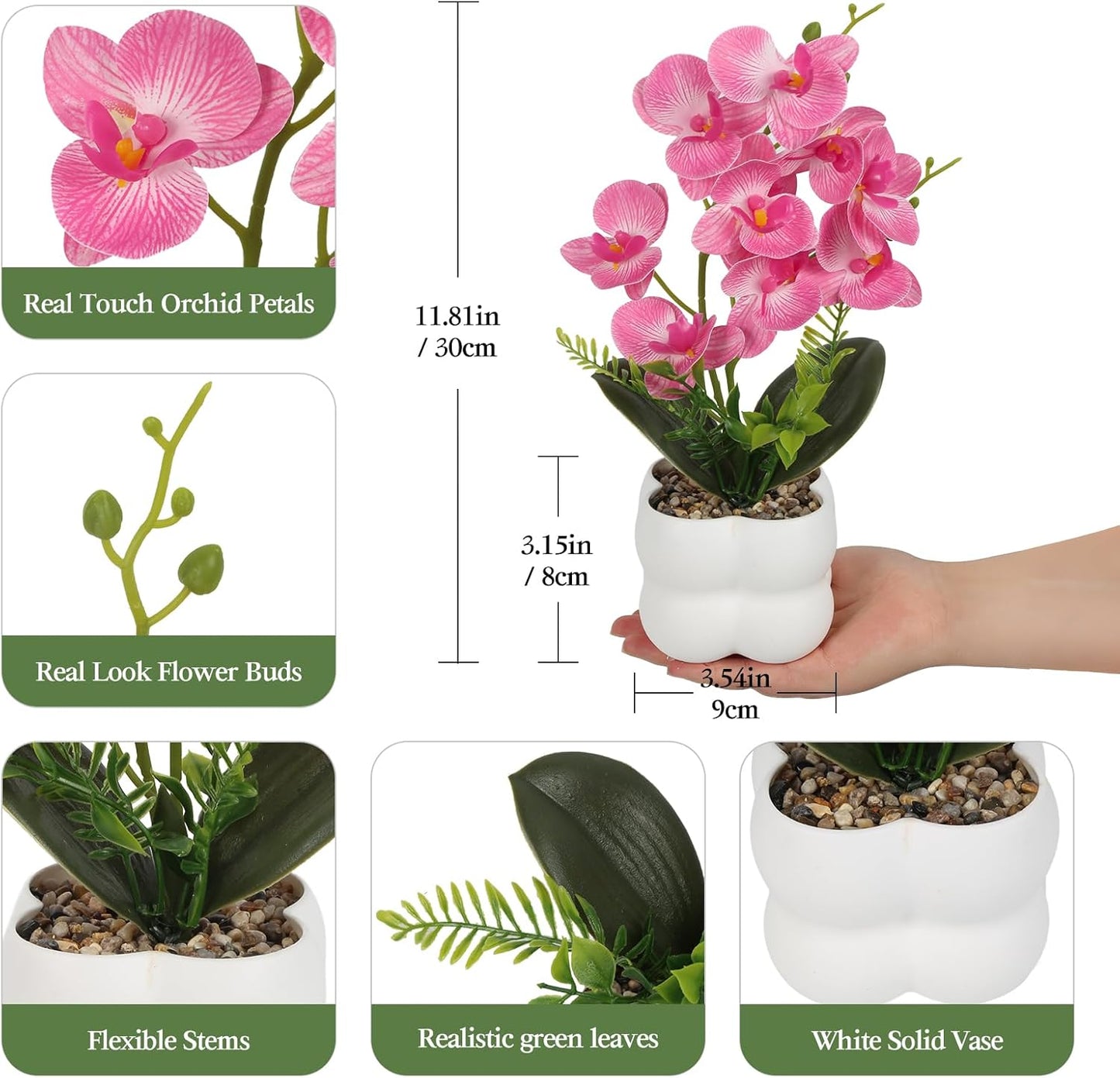 Pink Artificial Orchids Flowers in Pot 14" Tall Realistic Faux Phalaenopsis Arrangement 3D Printed Washable Fake Orchids Flowers with Vase for Home Wedding Table Centerpiece Bathroom Office Decor