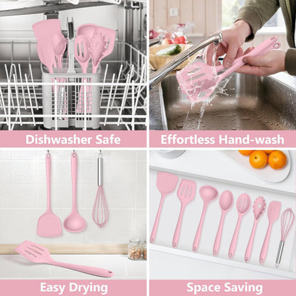TeamFar Silicone Cooking Utensils Set, 8 PCS Kitchen Utensils Set, 446°F Heat Resistant, Turner, Spatula, Spoon, Whisk, Kitchen Cooking Gadgets Tools for Nonstick Cookware, Dishwasher Safe-Pink