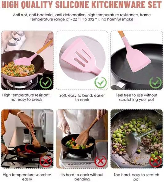 34pcs Silicone Cooking Utensils Set, Kitchen Silicone Cookware Set with 10 Hooks, Egg Beaters, Food Holders, Spoons Cooking Tools, Stirring Kitchen Tools for Nonstick Cookware (Pink)