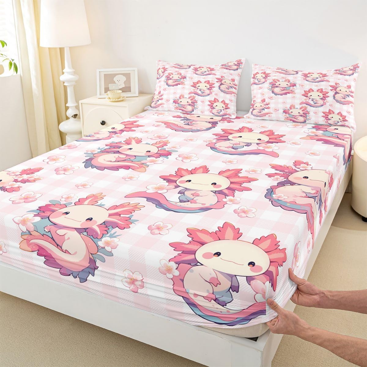 Erosebridal Kawaii Pink Axolotl Fitted Sheet Full Size Cartoon Peach Blossoms Bed Sheets Flower Salamander Bedding Set for Kids Boys Girls Women Lovely Animal Sheets