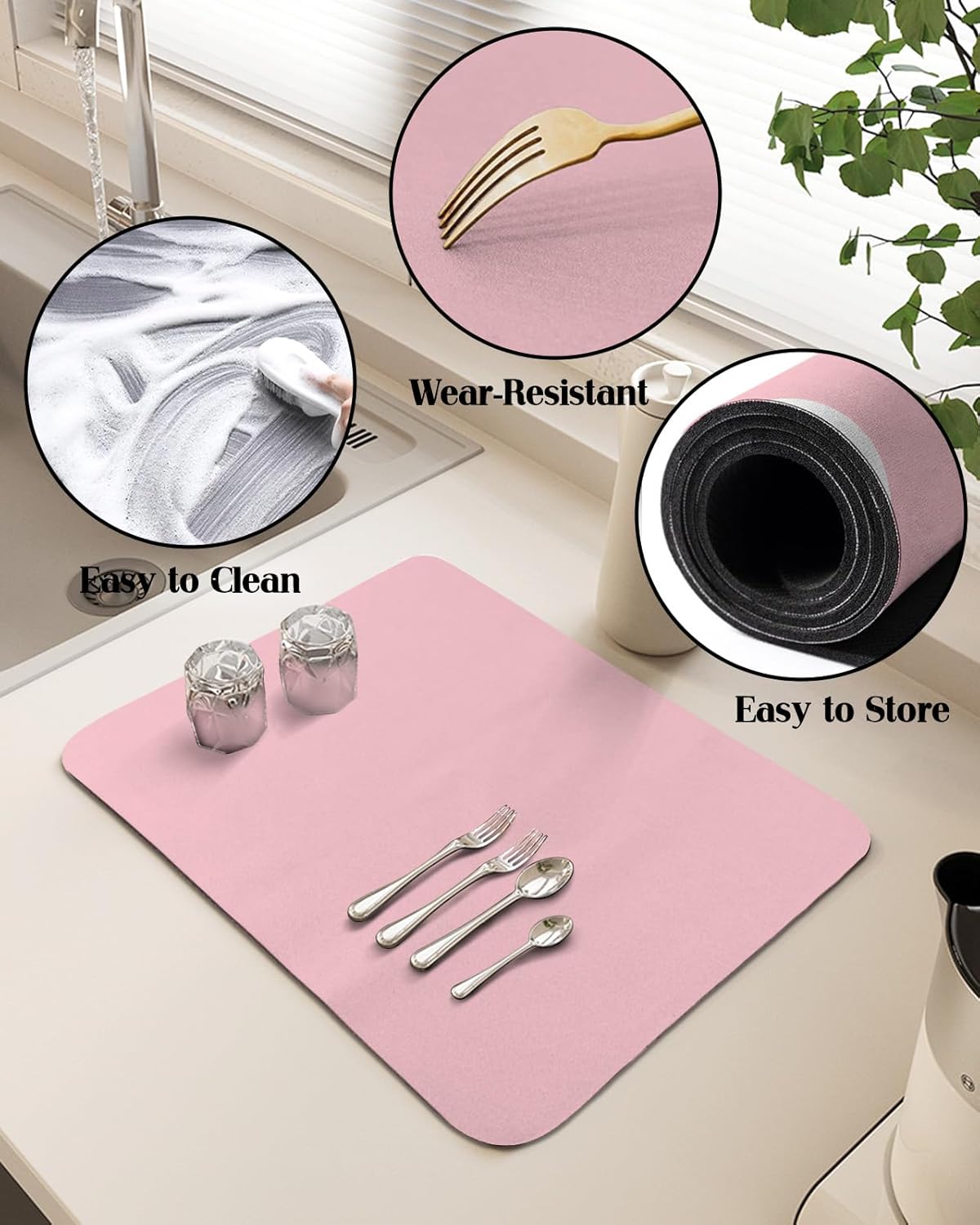 Pink Dish Drying Mat for Kitchen Counter, Modern Solid Pink Ultra Absorbent Coffee Mat/Dish Drainer, Romantic Pink Quick Drying & Non-Slip Rubber Backed Drying Mat Rack Pad, 16" W x 18" L
