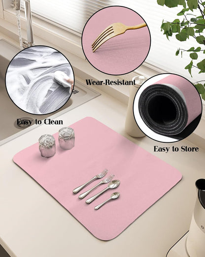 Pink Dish Drying Mat for Kitchen Counter, Modern Solid Pink Ultra Absorbent Coffee Mat/Dish Drainer, Romantic Pink Quick Drying & Non-Slip Rubber Backed Drying Mat Rack Pad, 16" W x 18" L