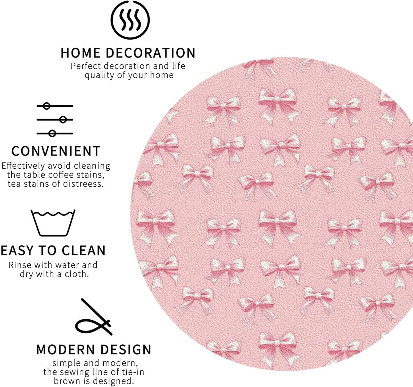 Leather Coasters Set of 4 - Ribbon Bow Pink Print Lightweight Drink Coasters for Desk, Non-Slip Anti-Scalding Desk Coaster Cup for Table Office Decor