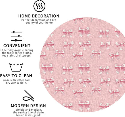Leather Coasters Set of 4 - Ribbon Bow Pink Print Lightweight Drink Coasters for Desk, Non-Slip Anti-Scalding Desk Coaster Cup for Table Office Decor