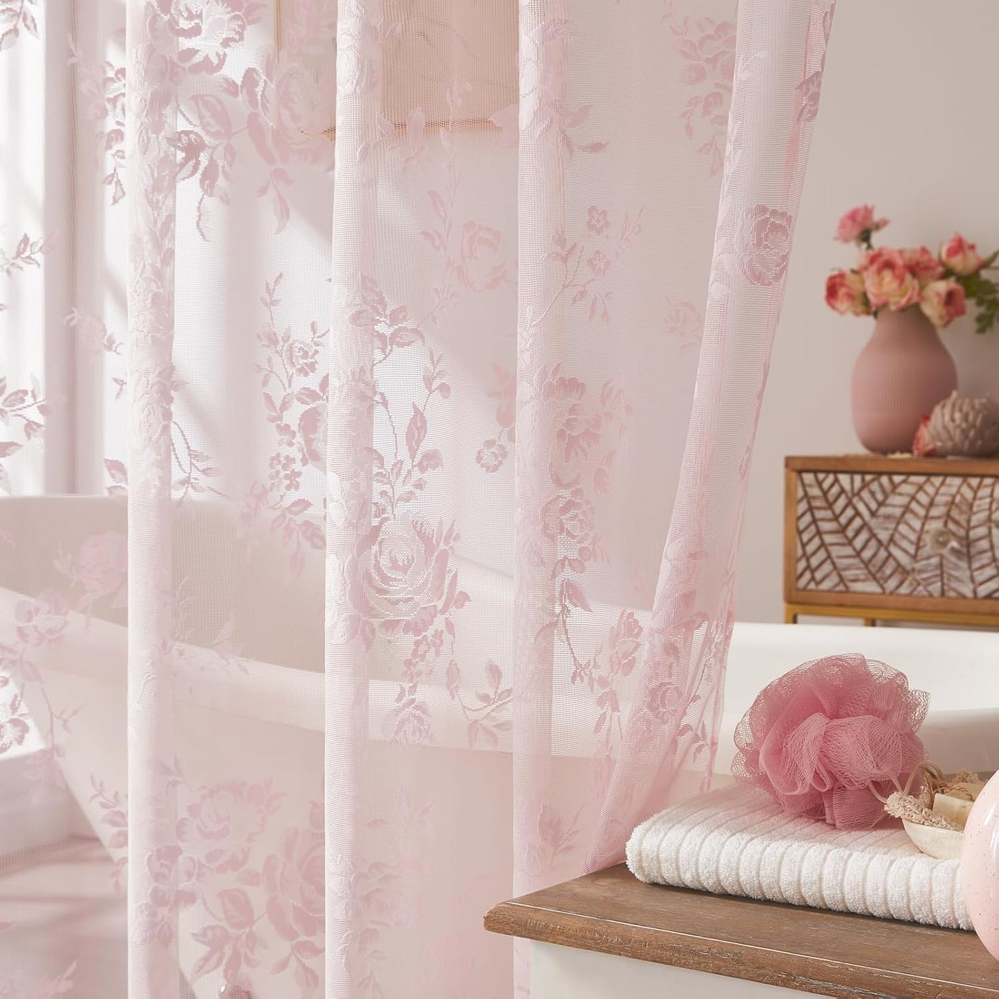 SEEKRIGHT Pink Lace Shower Curtain with Attached Valance Romantic Floral Shower Curtain Cute Scalloped Edge Lace Shabby Chic Bath Curtains for Spa Hotel Bathroom Farmhouse Decor, 1 Panel, 72x72