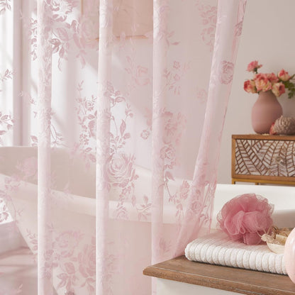 SEEKRIGHT Pink Lace Shower Curtain with Attached Valance Romantic Floral Shower Curtain Cute Scalloped Edge Lace Shabby Chic Bath Curtains for Spa Hotel Bathroom Farmhouse Decor, 1 Panel, 72x72