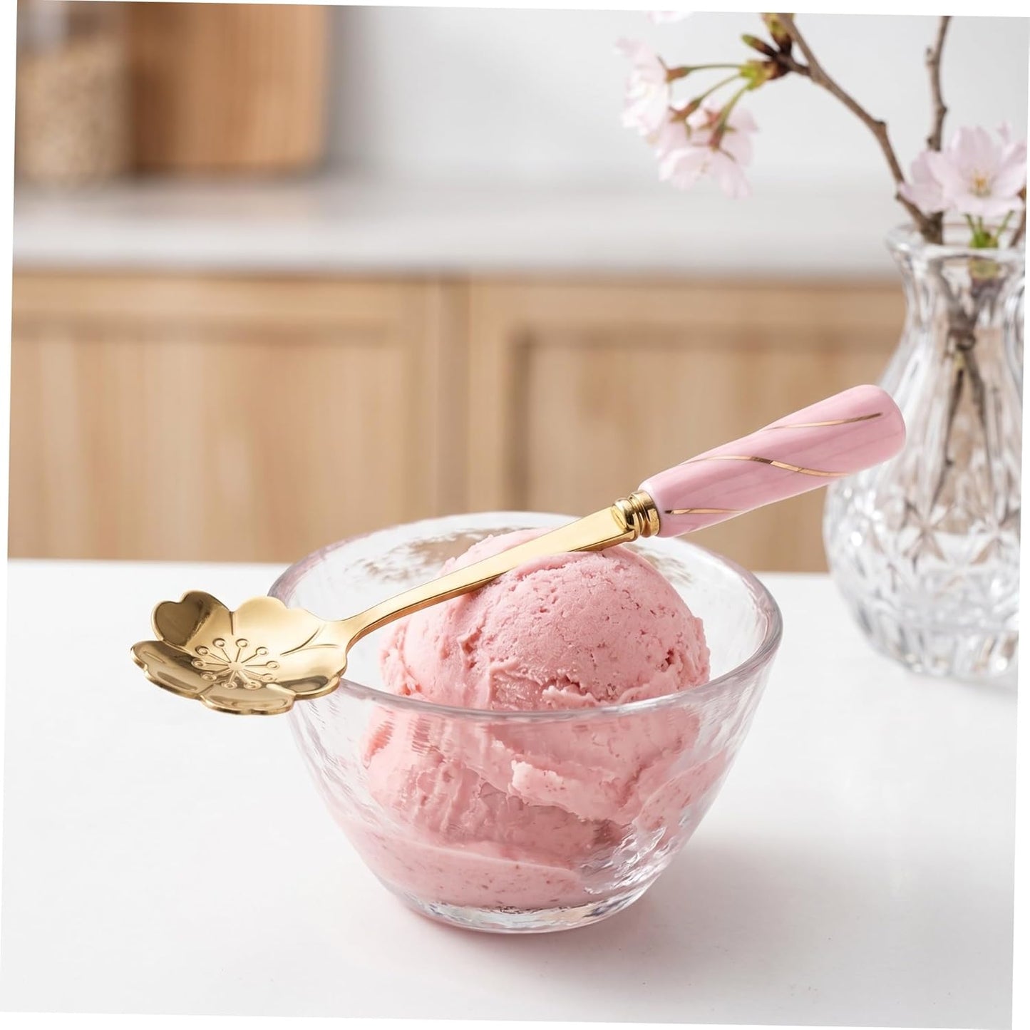 Healifty 4pcs Dessert Spoons with Ceramic Flower Handles Practical Cake and Coffee Spoons Elegant Rounded Handle Design for Home Coffee Shops and Bars Pink Gold