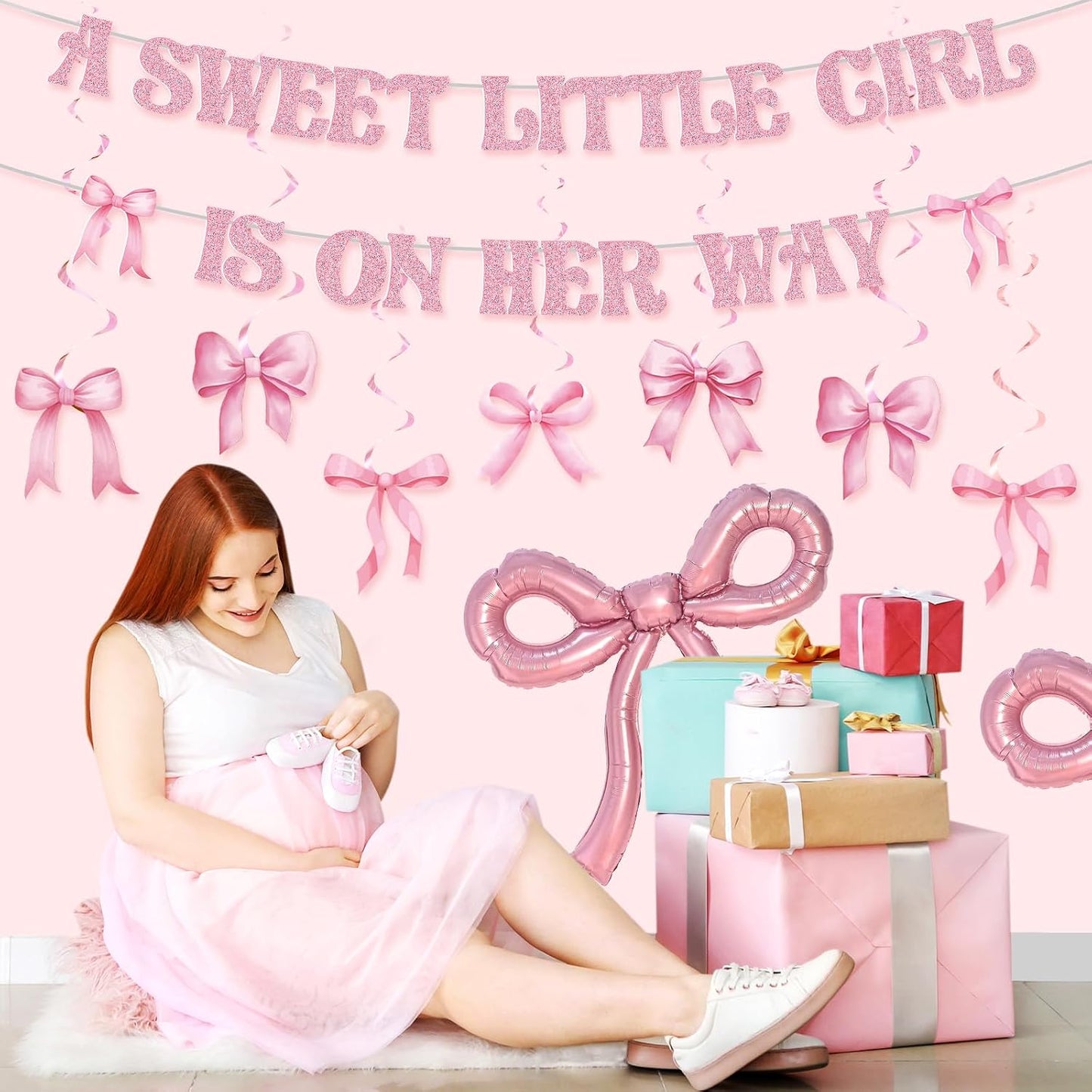 Pasimy Pink Baby Shower Decorations a Sweet Little Girl Is on Her Way Banner Pink Bow Swirls Coquette Baby Shower Decor for Birthday Gender Reveal Photo Props Sign Party Supplies