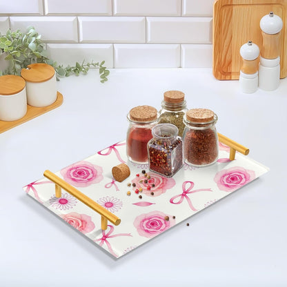 Retro Pink Rose Bow Decorative Food Tray with Handles Flat Serving Tray for Jewelry Perfume for Decorative Food bandejas para comida decorativas