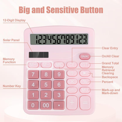 Desktop Calculator, Pink Calculator Big Buttons, 12-Digits Large LCD Display, Solar and AA Battery Dual Power, Desk Calculators for Office Home School Business Class (Pink)
