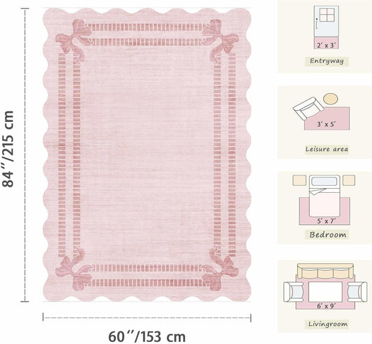 Latte&Fog 5x7 Pink Rug for Girls Bedroom, Washable Scalloped Bow Area Rugs for Living Room, Kitchen, Vintage Floral Throw Rug for Kids Nursery, Non-Slip Soft Carpets for Bathroom, Beside, Dorm, Office