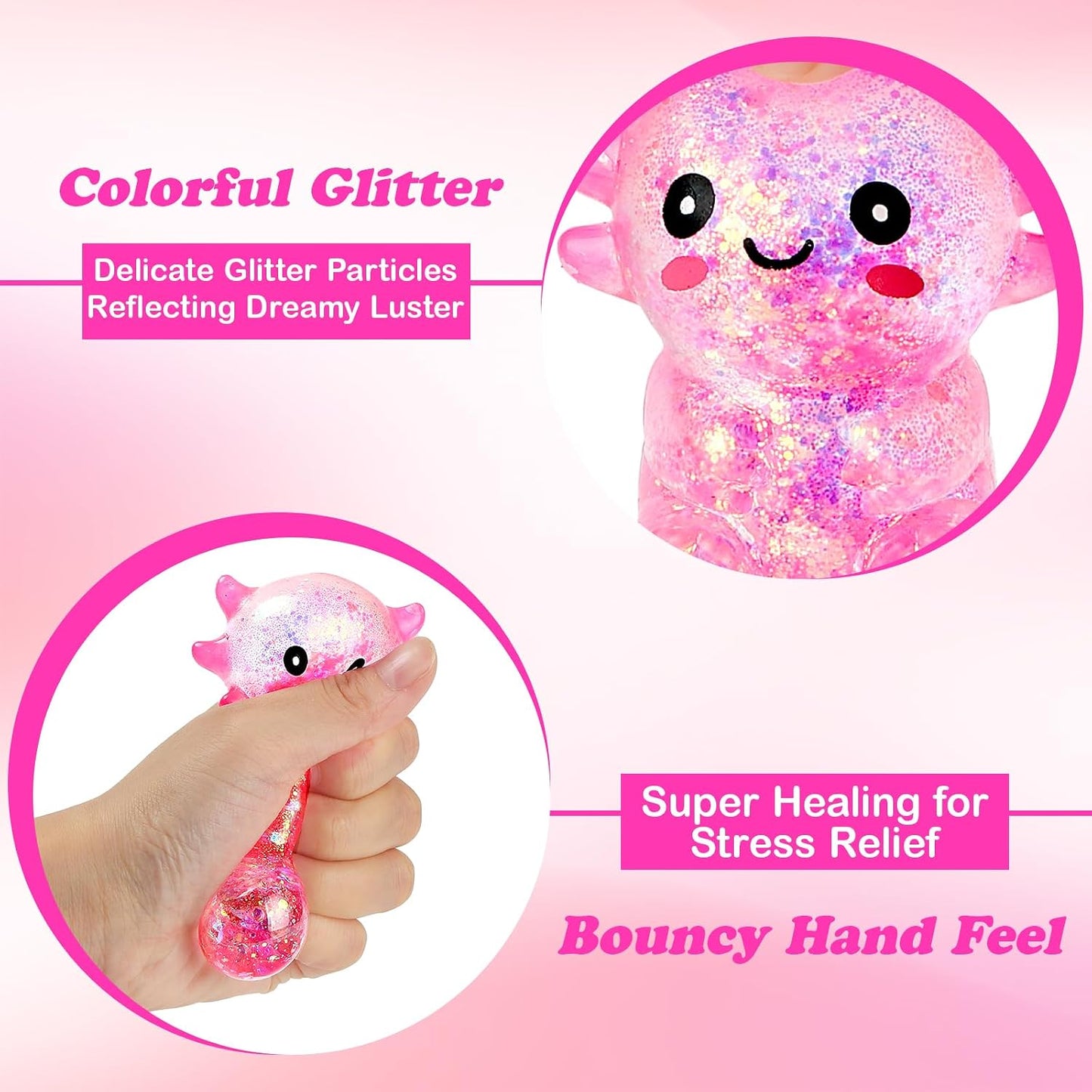 Squishy Fidget Stress Axolotl Toy, Axolotl Squishy Malt Sugar Stress Balls for Adults Kids, Cute Animal Sensory Toys, Squeeze Stretchy Axolotl Stress Toys for Party Favors (Pink)