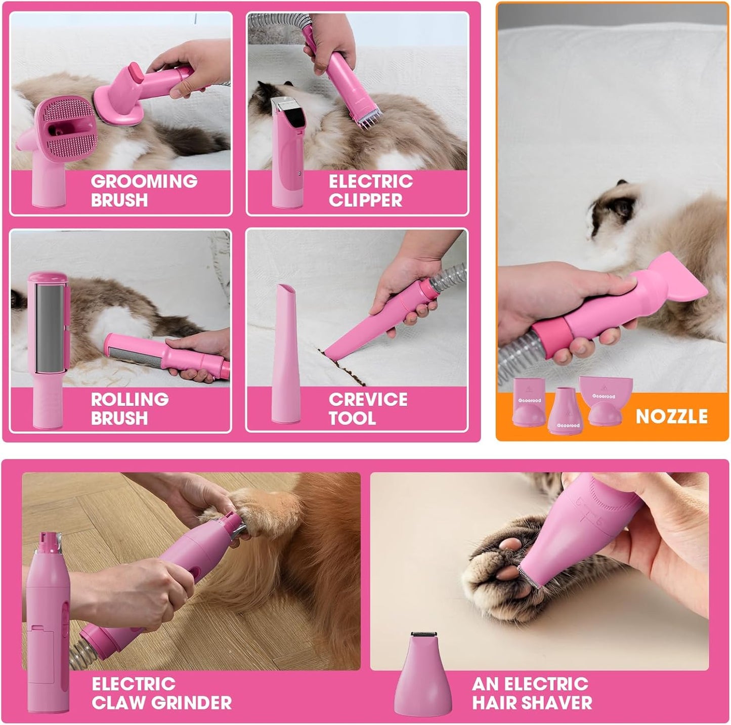 Dog Grooming Vacuum and Dryer Kit, Blower for Pet Vacuum Grooming 7 in 1 with Clippers for Dogs Hair Shedding Brush Remover Tools at Home Pink