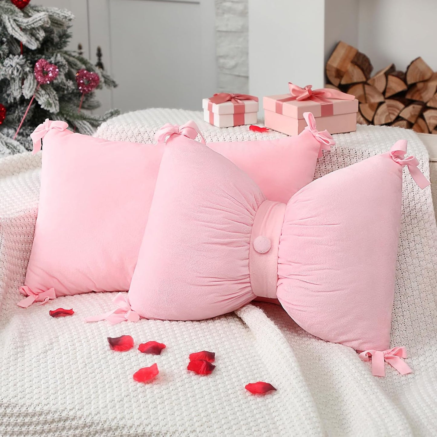 Newwiee 2 Pcs Valentines Pink Velvet Bow Pillow Covers 14 x 20 Inch Pink Throw Pillow Cover Soft Velvet Cushion Cases Aesthetic Cushion Cases for Women Room Bed Sofa Couch Valentines Decor